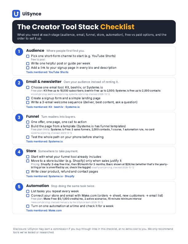 Page 1 of the Creator Tool Stack checklist