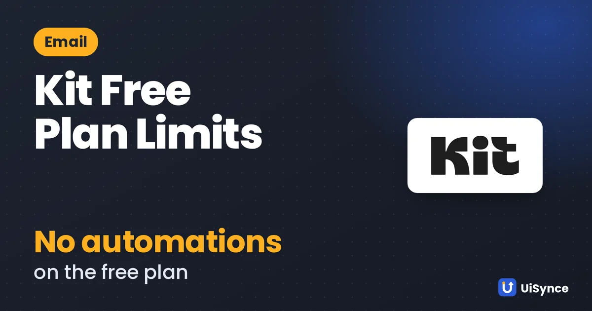 Kit logo with what the free plan includes (broadcasts, tags and forms) and leaves out (sequences, automations)